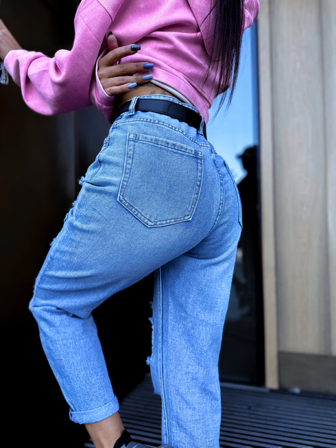 MOM, DENIM kelnės su ašaromis W1036 - Mėlynos